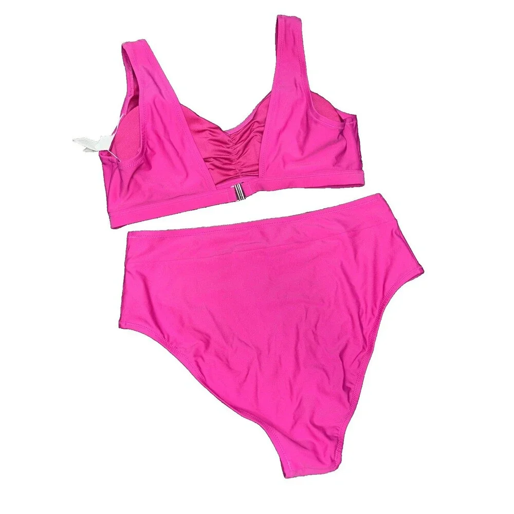 Cupshe Women Fuchsia Pink Bikini Set High Waisted 1X Buckle Remove Pads Ruched